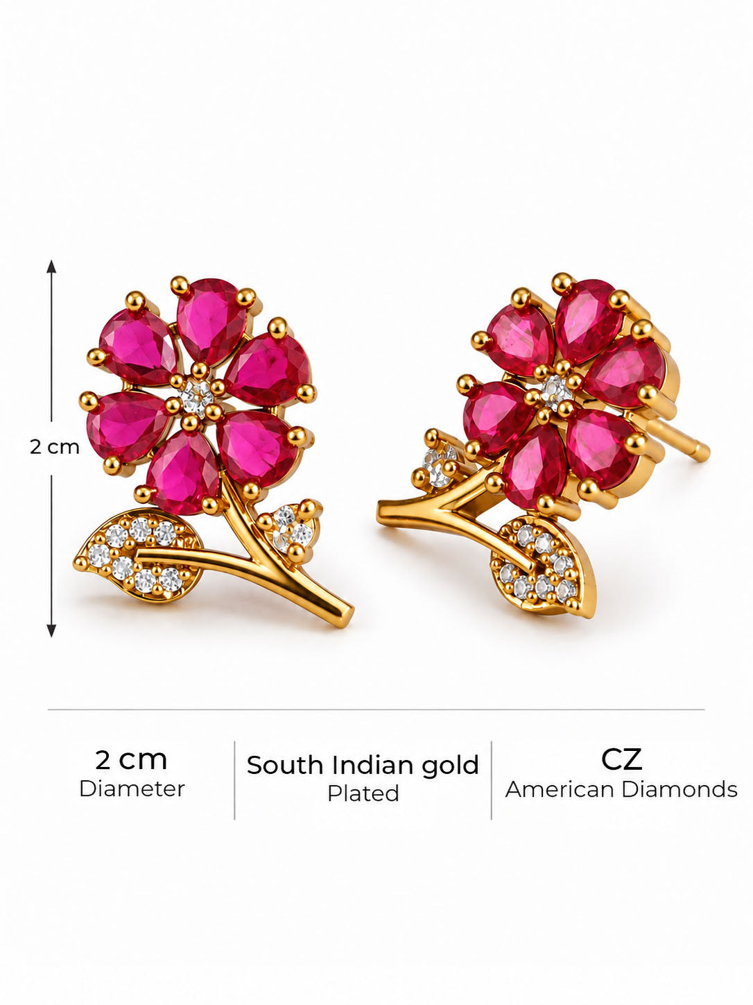 Pink Floral and Leaf Stud Earrings, gold plated, size and plating details
