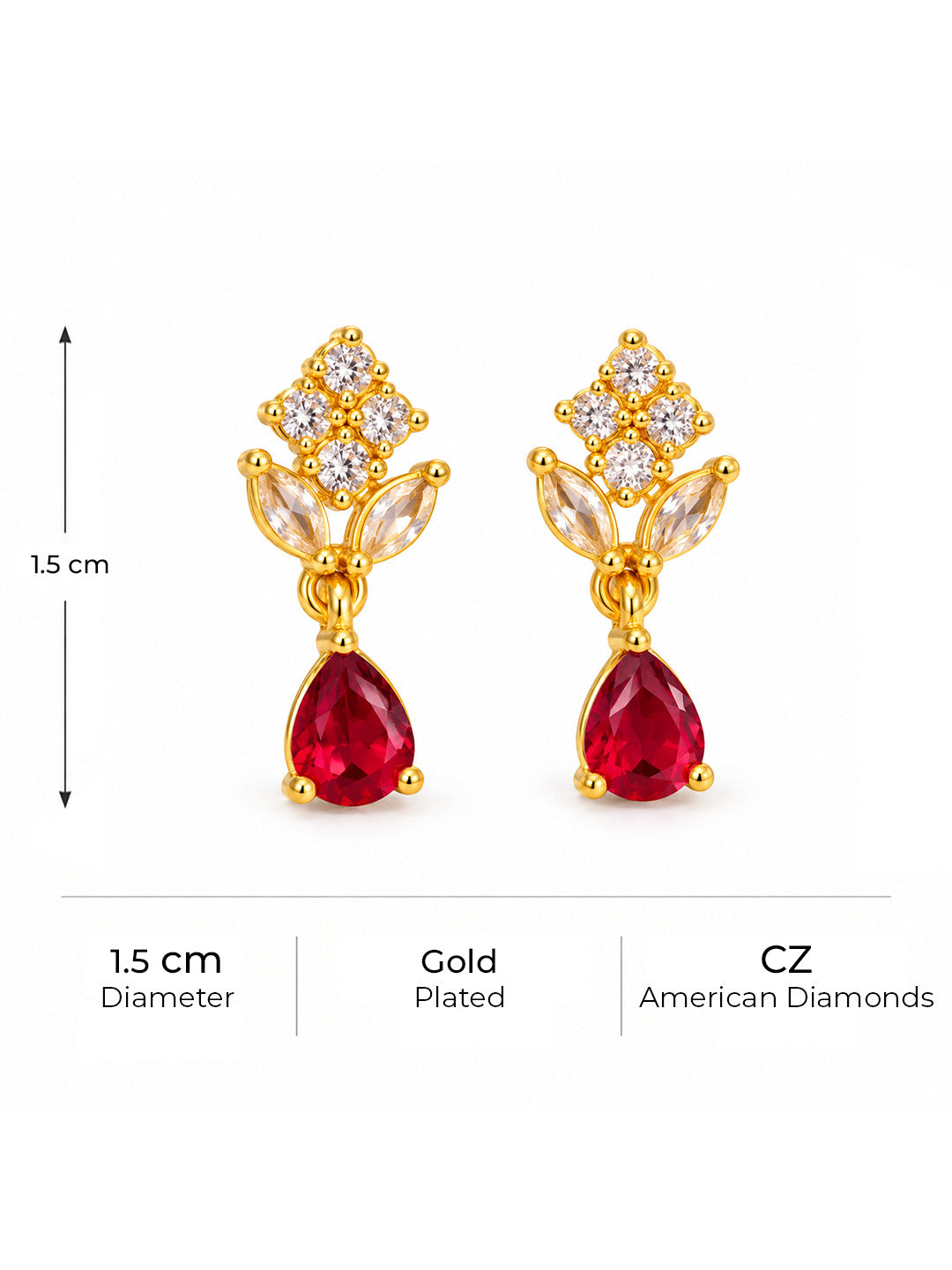 Red Teardrop Floral Drop Earrings - Gold Plated, additional view 5
