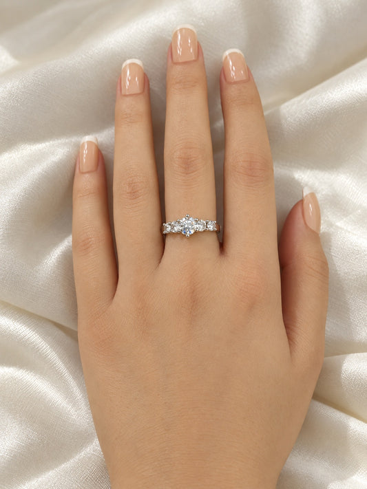 Clear Three Stone Graduated Ring - Silver Plated, model close-up