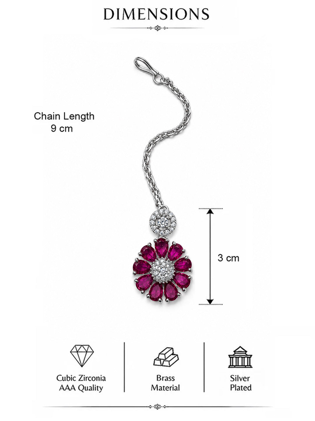 Magenta Teardrop Floral Maang Tikka - Silver Plated, additional view 5