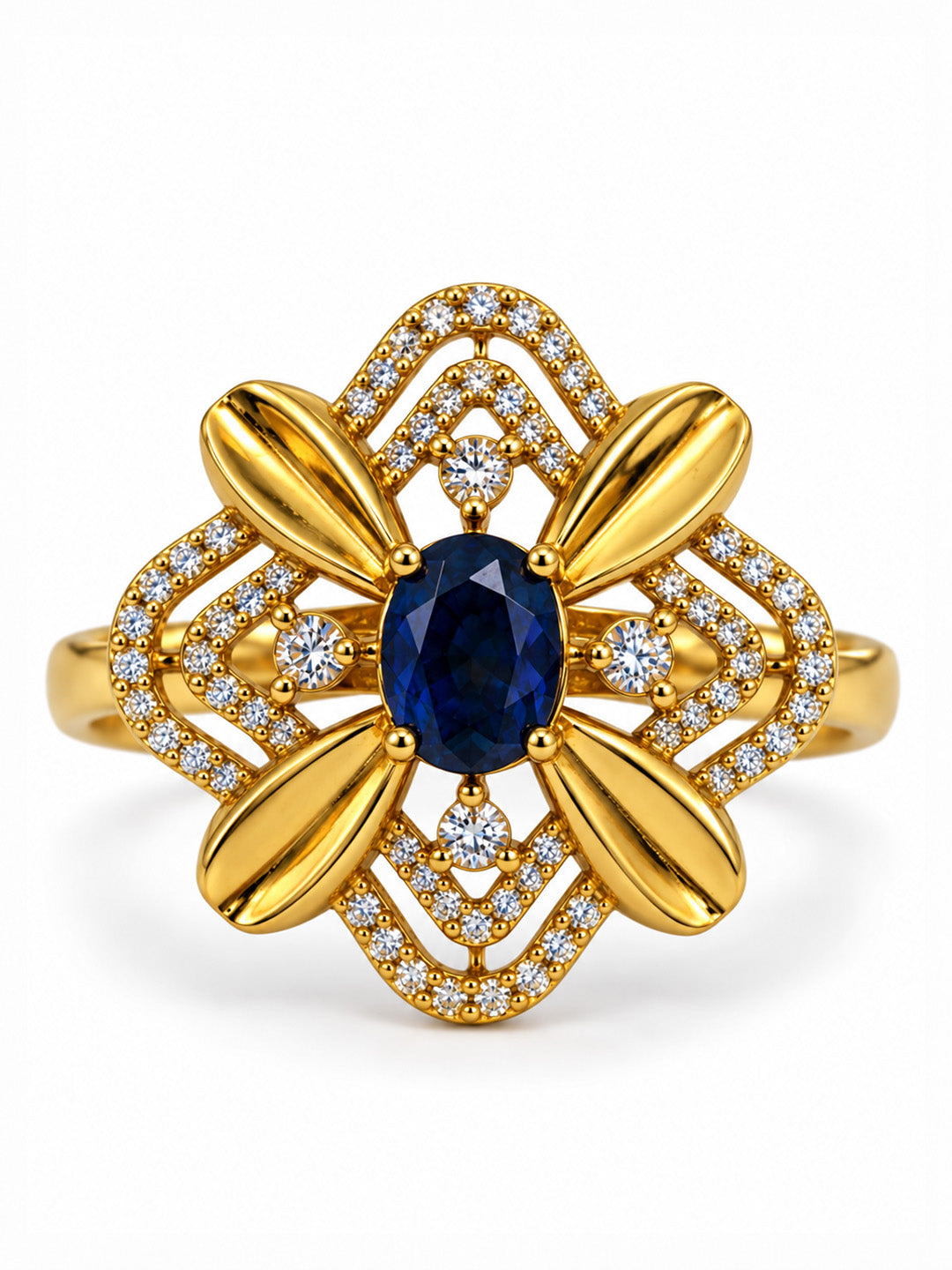 Blue Stone Four Petal Floral Ring - Gold Plated, additional view 7