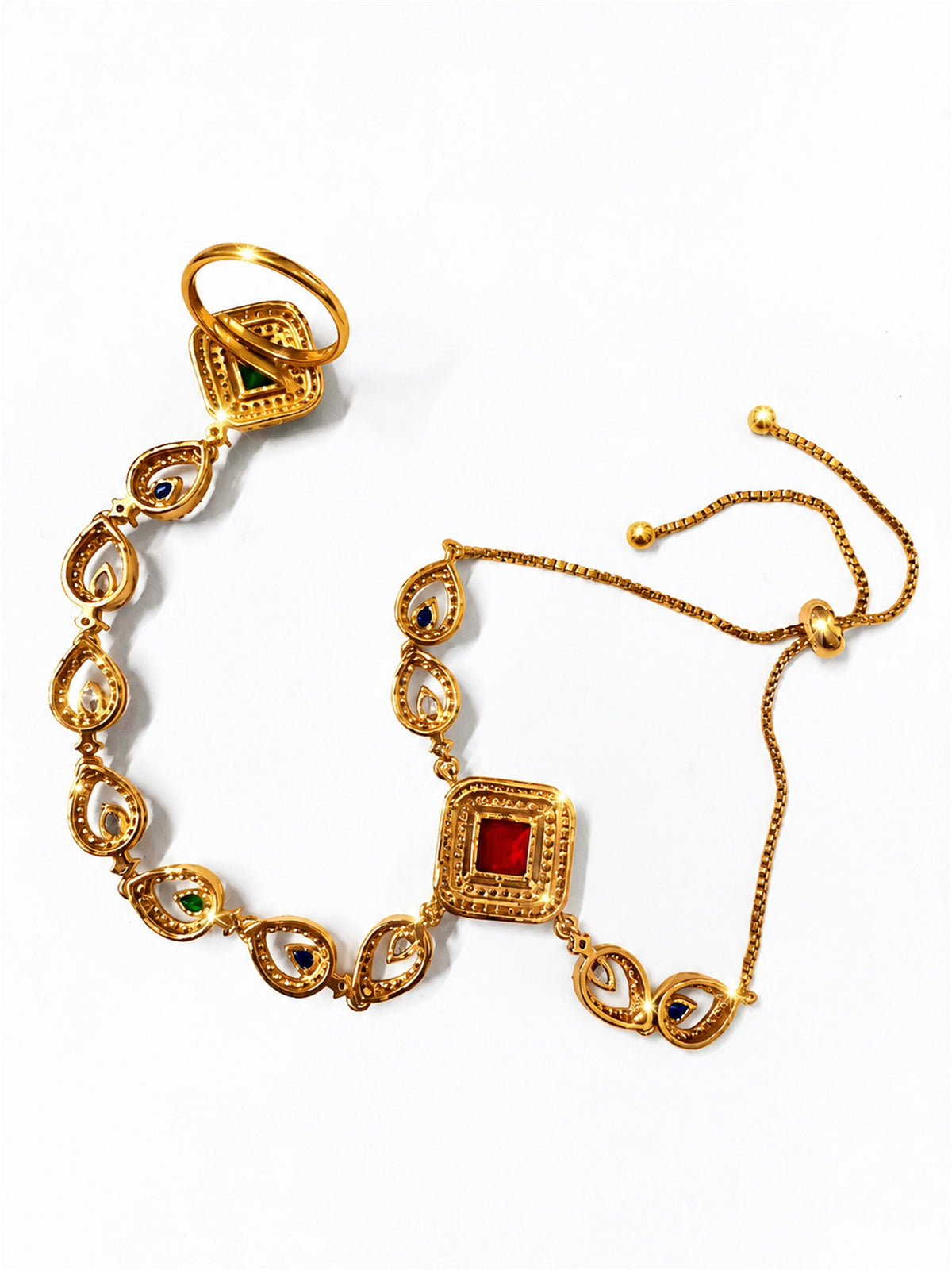 Multicolor Square Halo and Teardrop Hathphool - Mehndi Plated