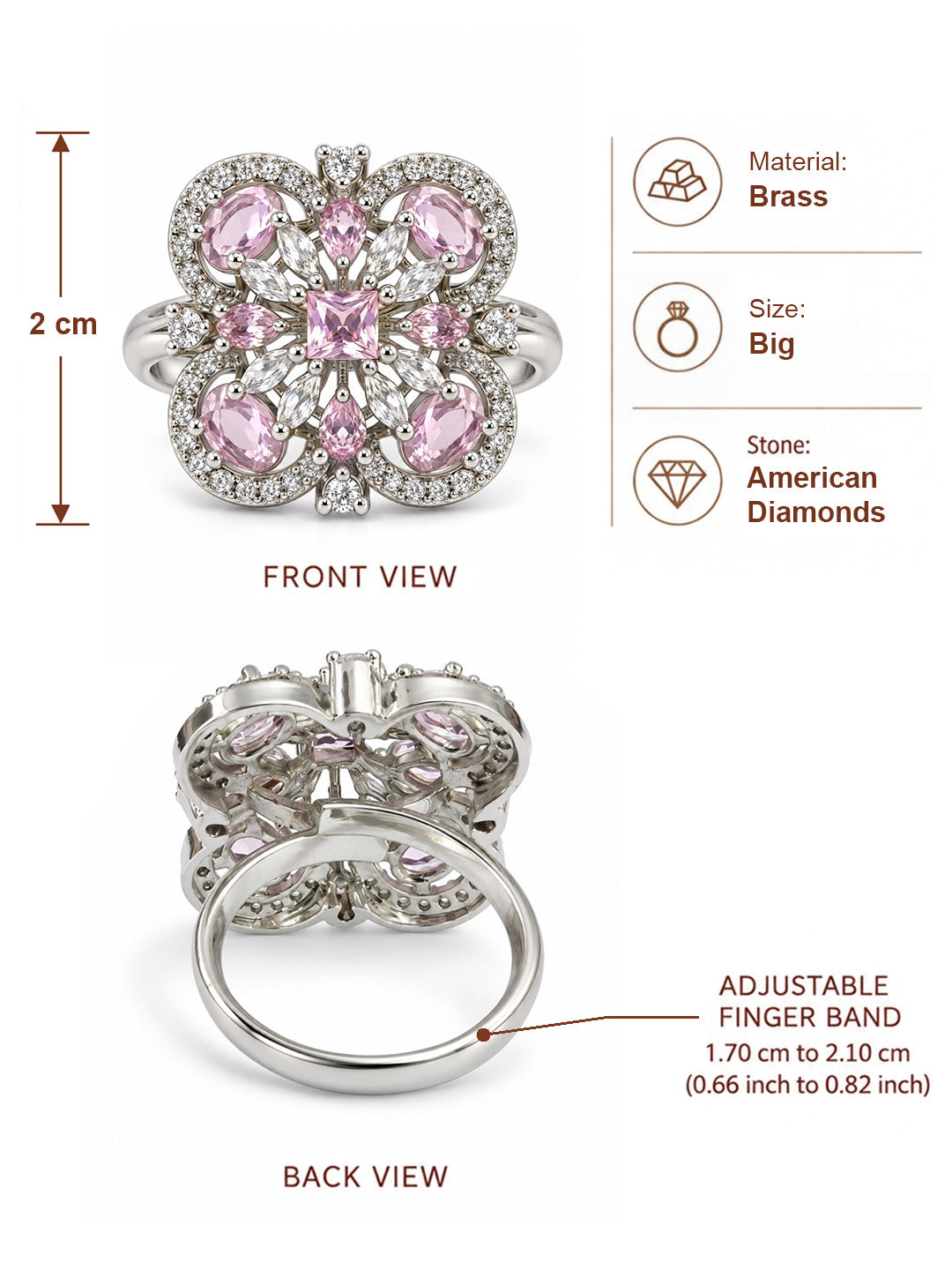 Pink Square Center Quatrefoil Ring - Silver Plated - alternate view