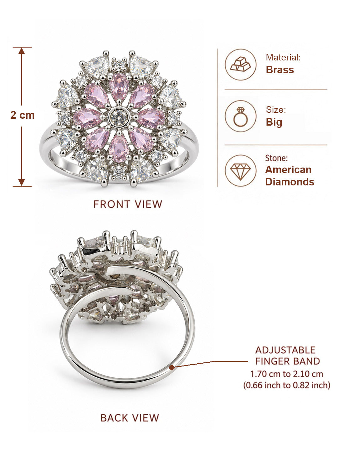 Pink Petal Halo Flower Ring - Silver Plated - alternate view