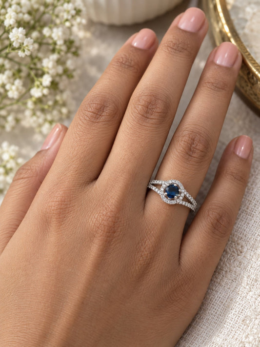 Blue Round Halo Split-Shank Ring - Silver Plated worn on hand