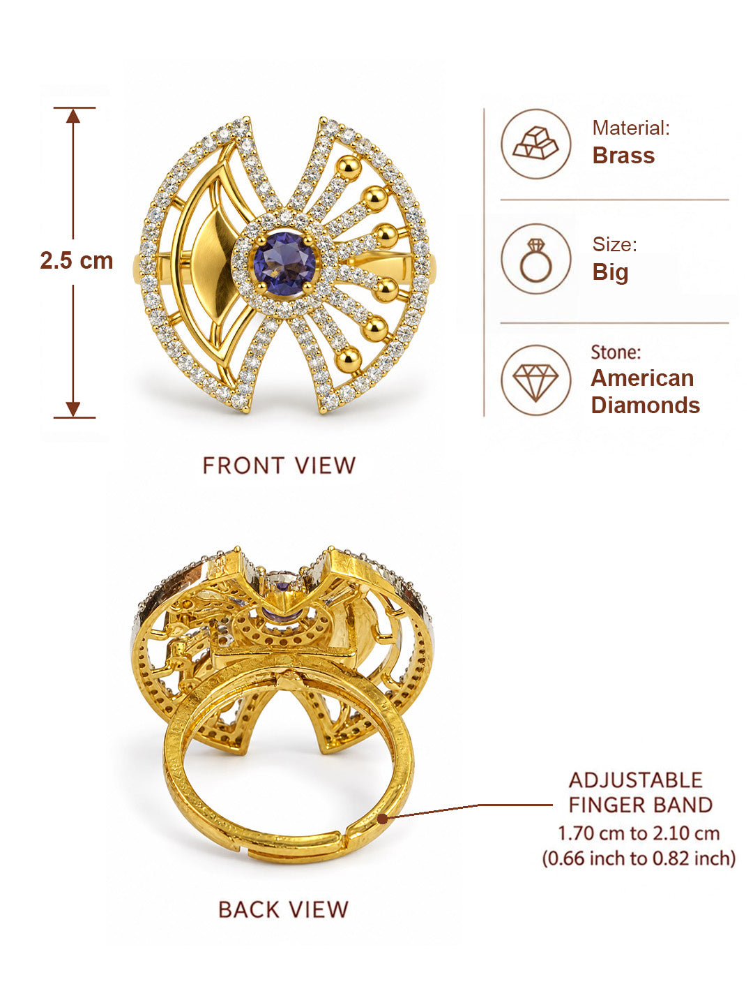 Purple Center Stone Fan Motif Ring - Gold Plated
