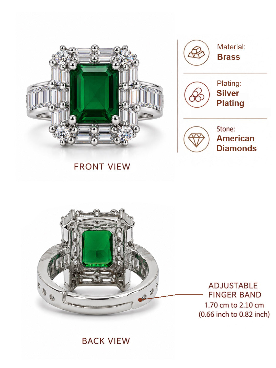 Green Center Stone Baguette Halo Ring - Silver Plated product image