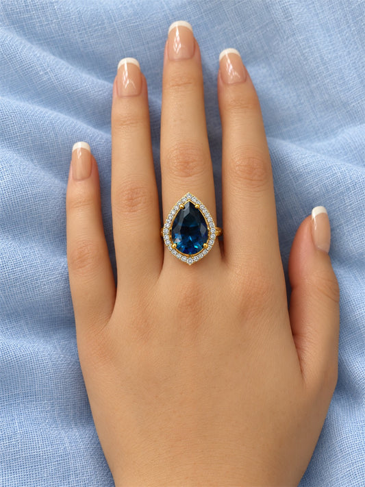 Blue Pear Stone Halo Ring - Gold Plated, model close-up