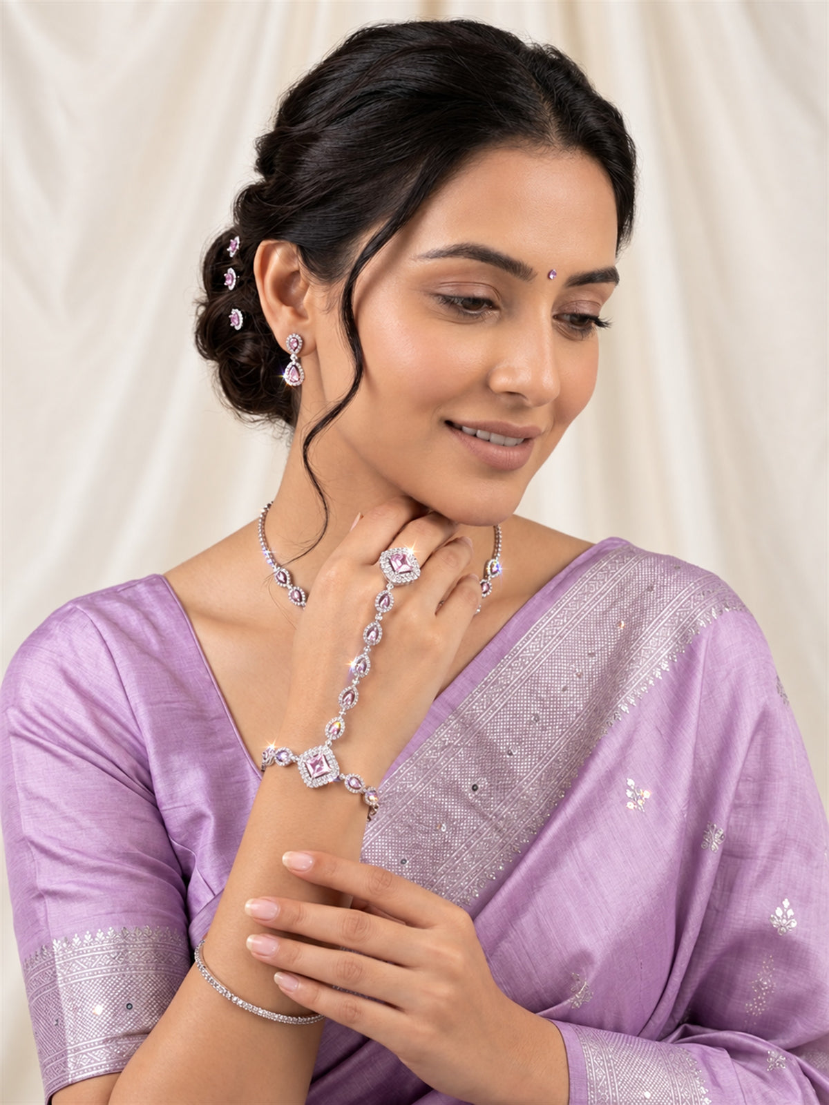 Pink silver-plated square halo and teardrop hathphool