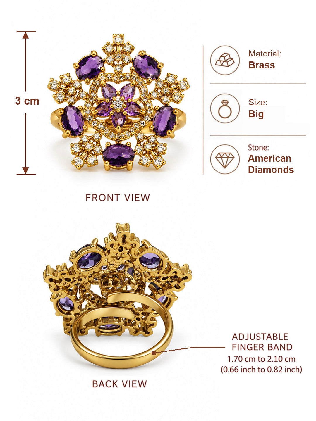 Purple Stone Floral Cross Cluster Ring - Gold Plated, additional view 6