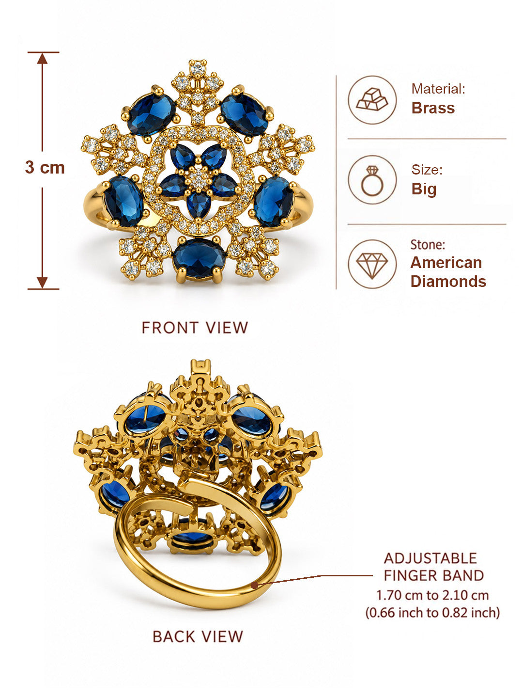 Blue Stone Floral Cross Cluster Ring - Gold Plated, additional view 6
