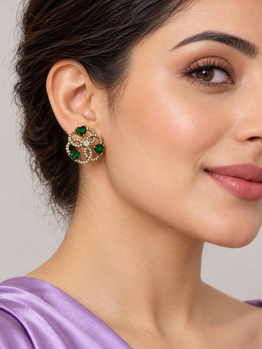 Green Three Heart Openwork Floral Stud Earrings - Gold Plated on a model