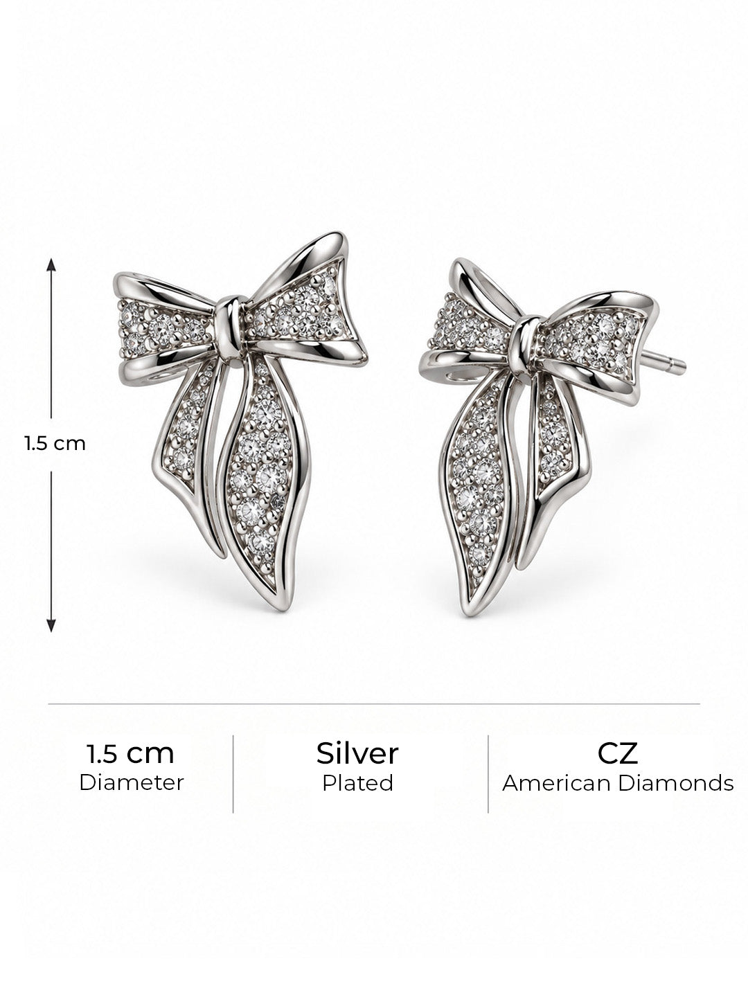 Clear Pave Bow Stud Earrings, silver plated, size and plating details
