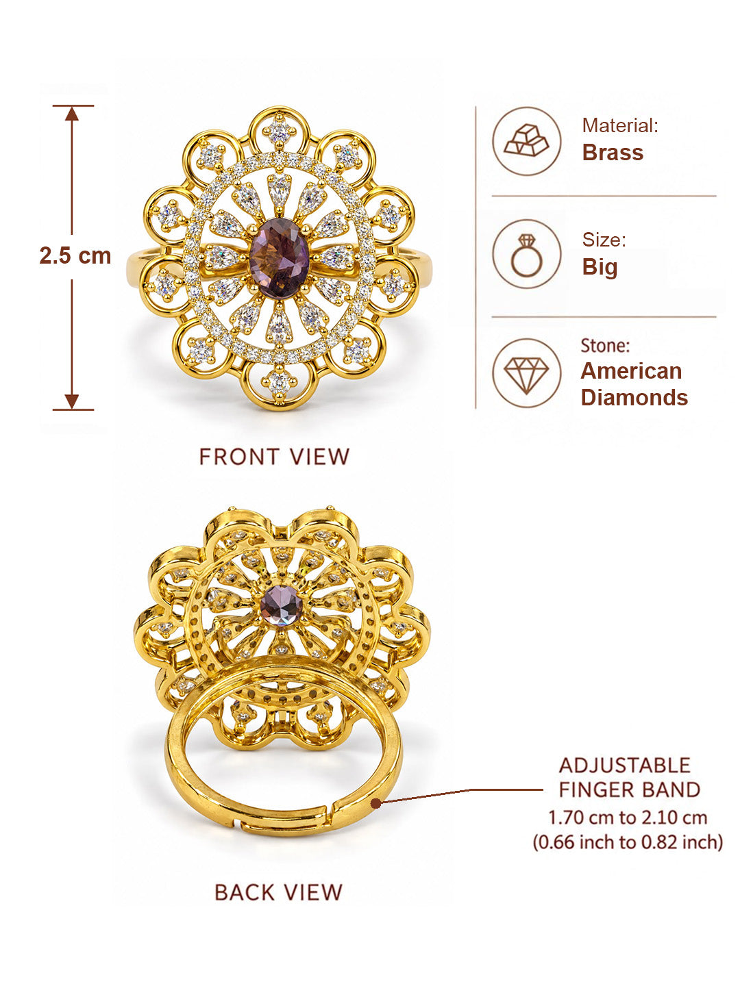 Purple Center Stone Scalloped Floral Halo Ring - Gold Plated