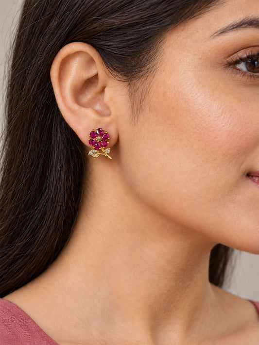 Pink Floral and Leaf Stud Earrings, gold plated, model close-up