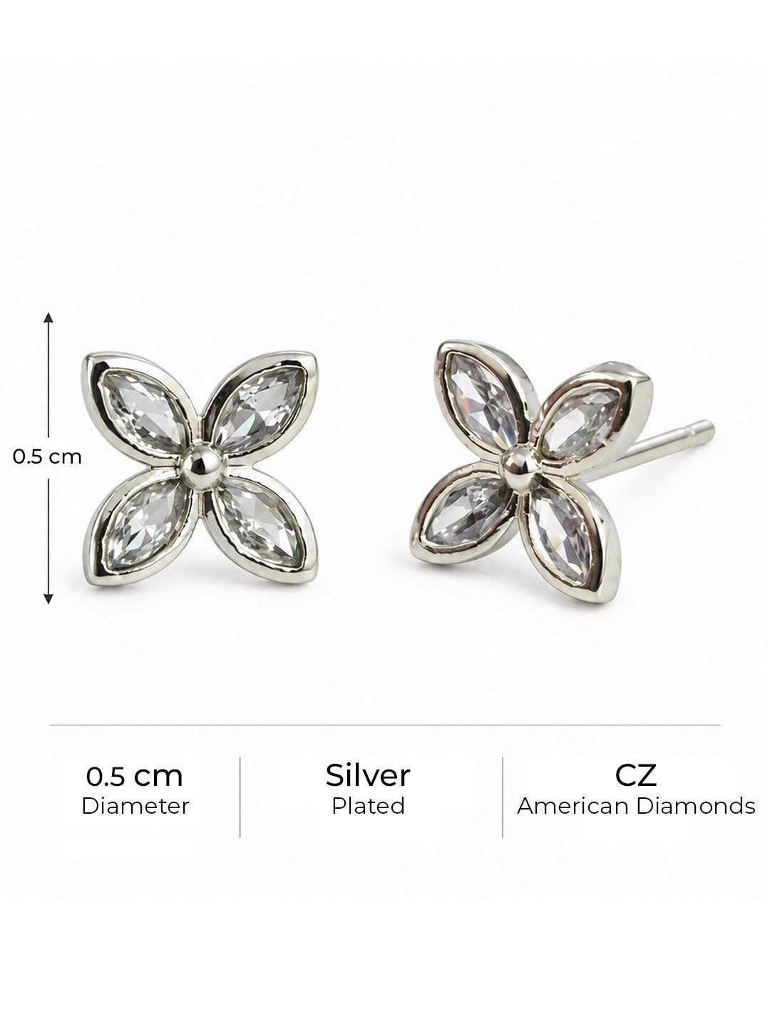 Clear Marquise Four Petal Stud Earrings, silver plated, size and plating details