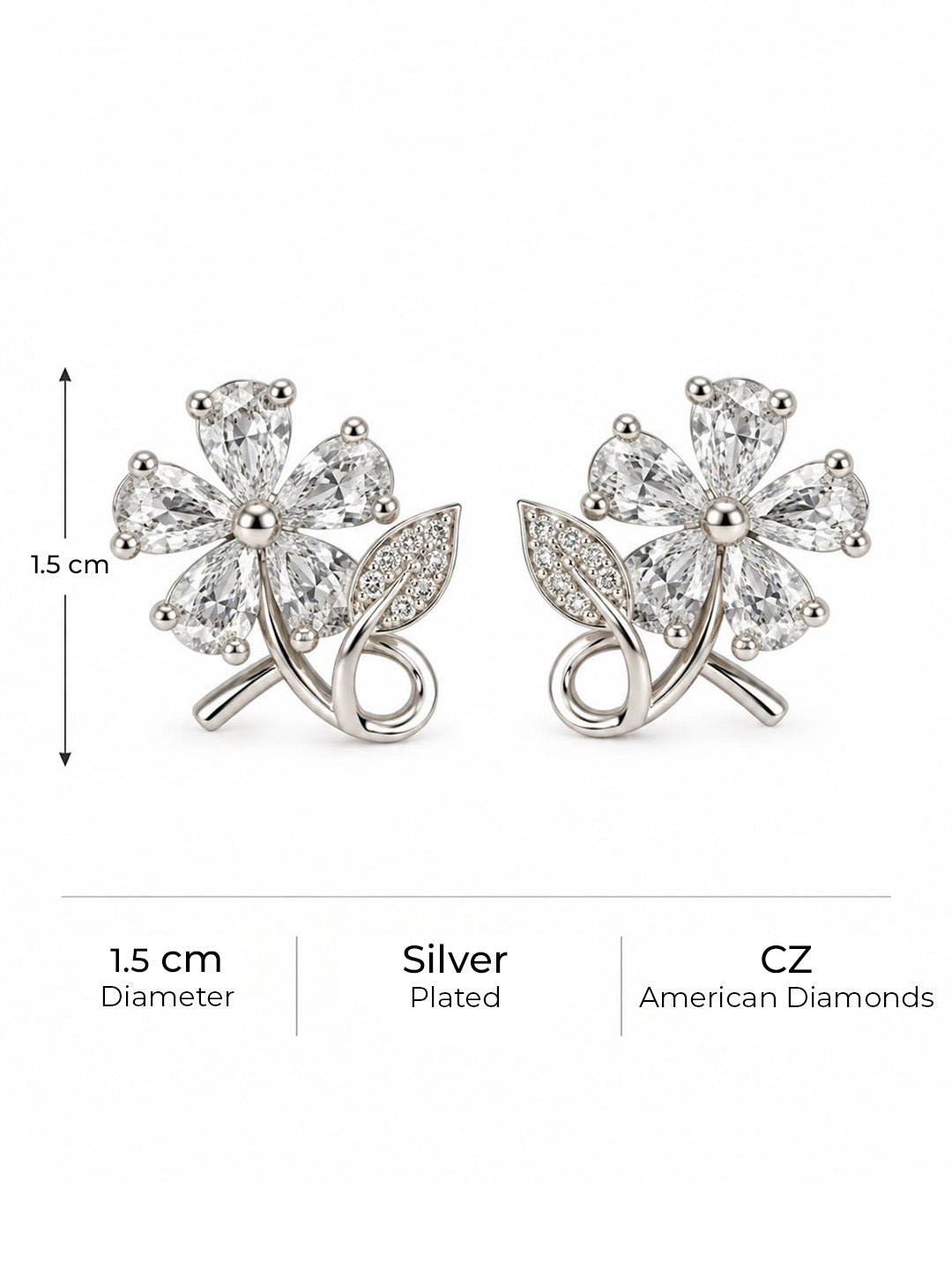 Clear Flower and Leaf Stud Earrings, silver plated, size and plating details