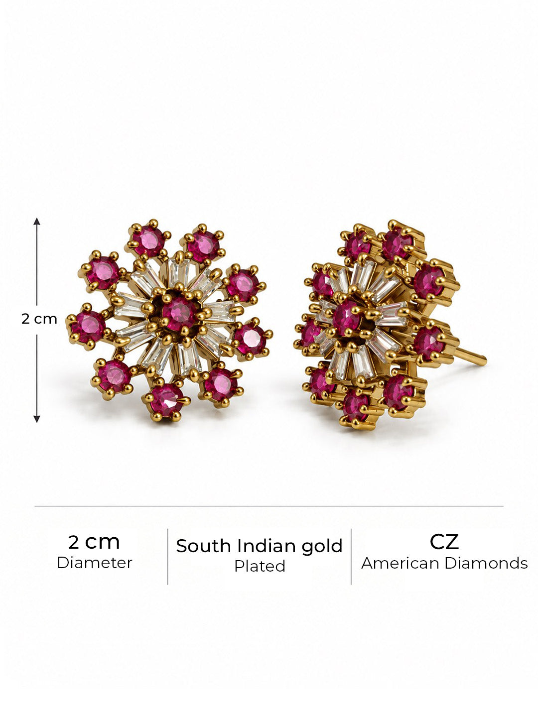 Pink Baguette Sunburst Stud Earrings, gold plated, size and plating details