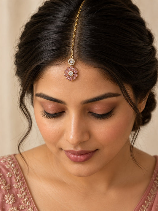 Light Pink Teardrop Floral Maang Tikka - Gold Plated, model close-up