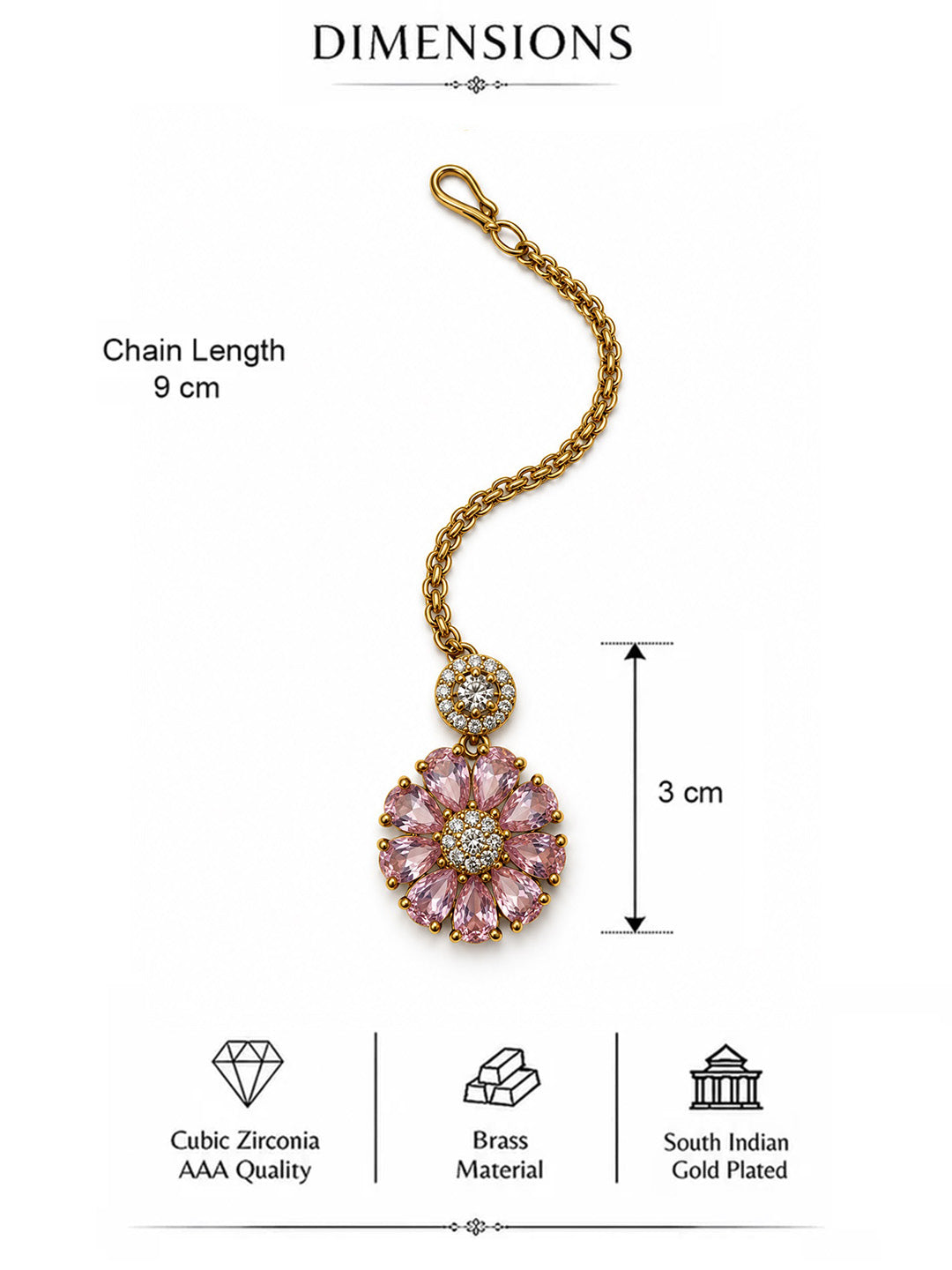 Light Pink Teardrop Floral Maang Tikka - Gold Plated, additional view 5