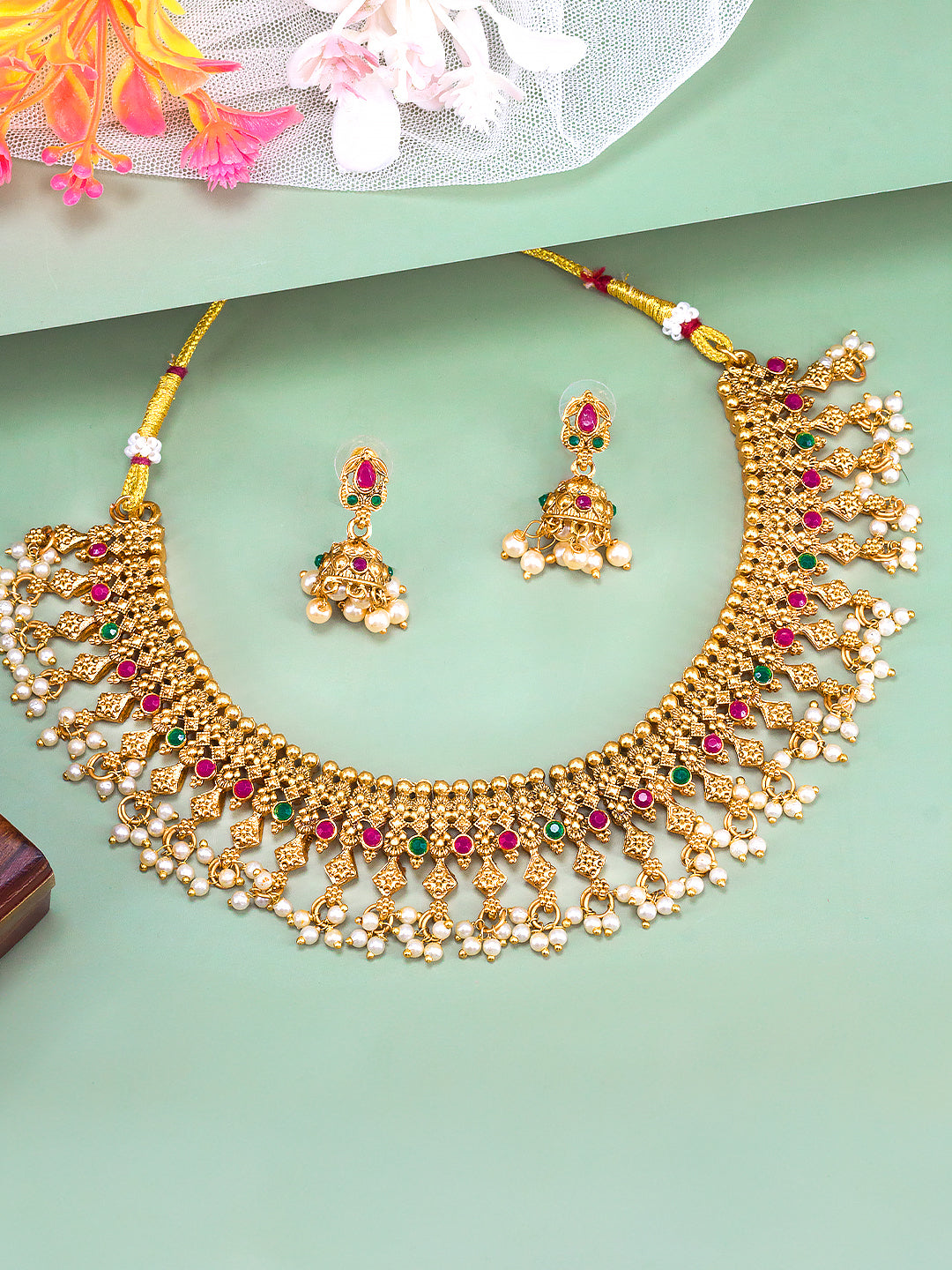 Antique Artificial Stones & Beads Temple Jewellery Set