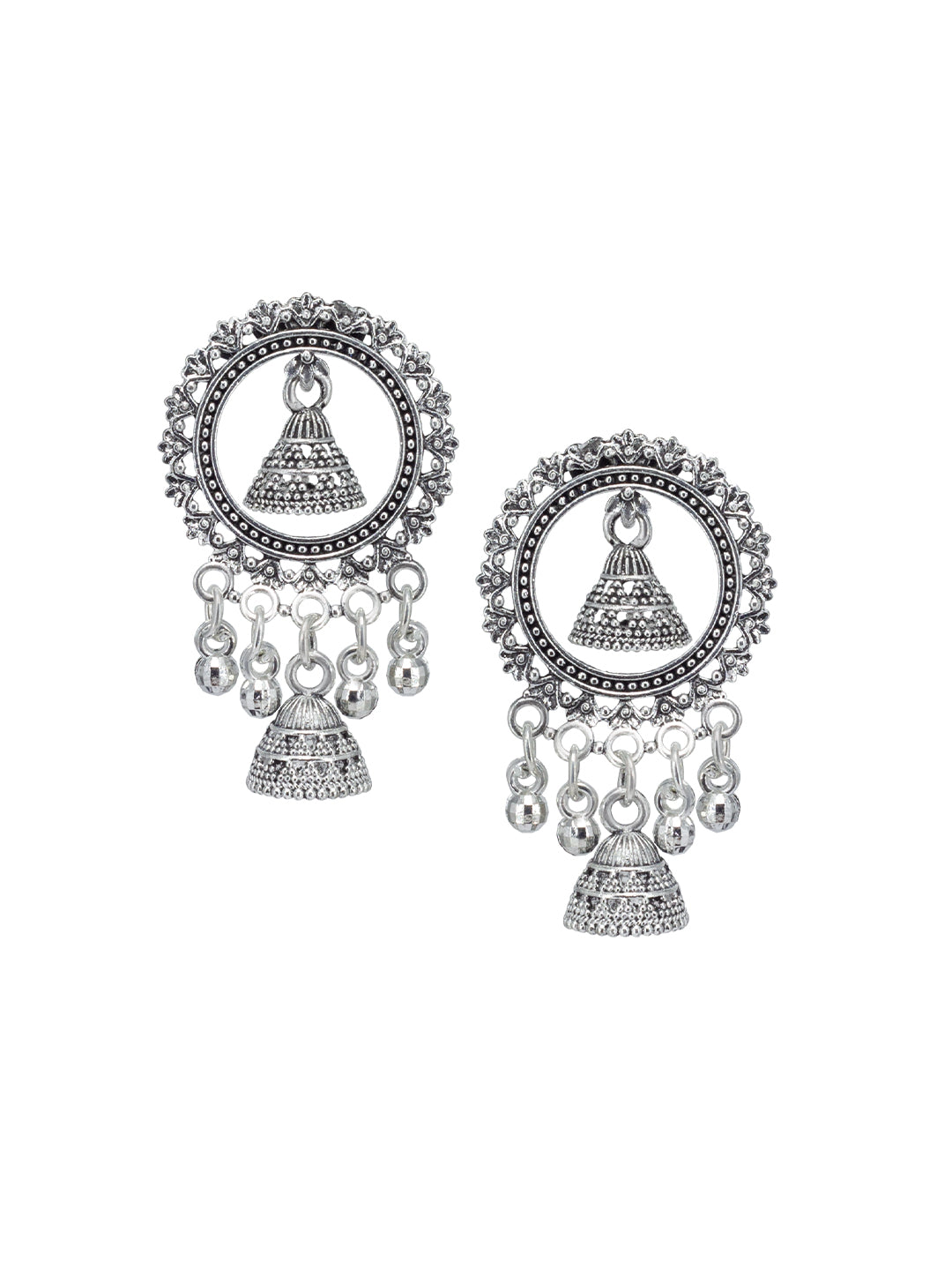 Silver Oxidized Circular Jhumki Drop Earrings