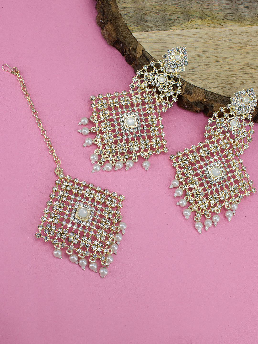 Gold Plated CZ & Beads Studded Earring With Maang Tikka