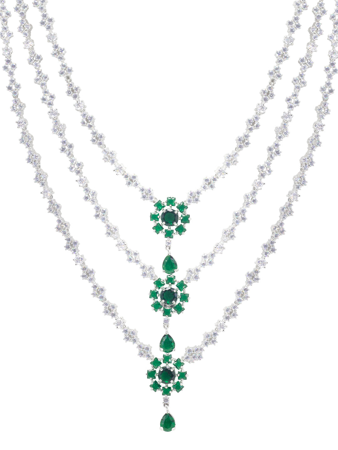 Trendy Green Three Layered AD Bridal Jewellery Set With Maangtika