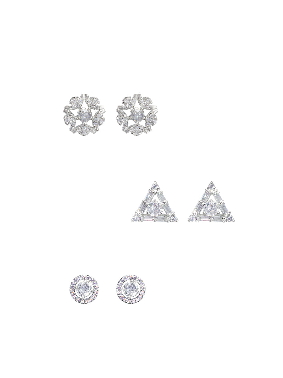 Pack Of 3 Rhodium Plated Geometric American Diamond Earrings