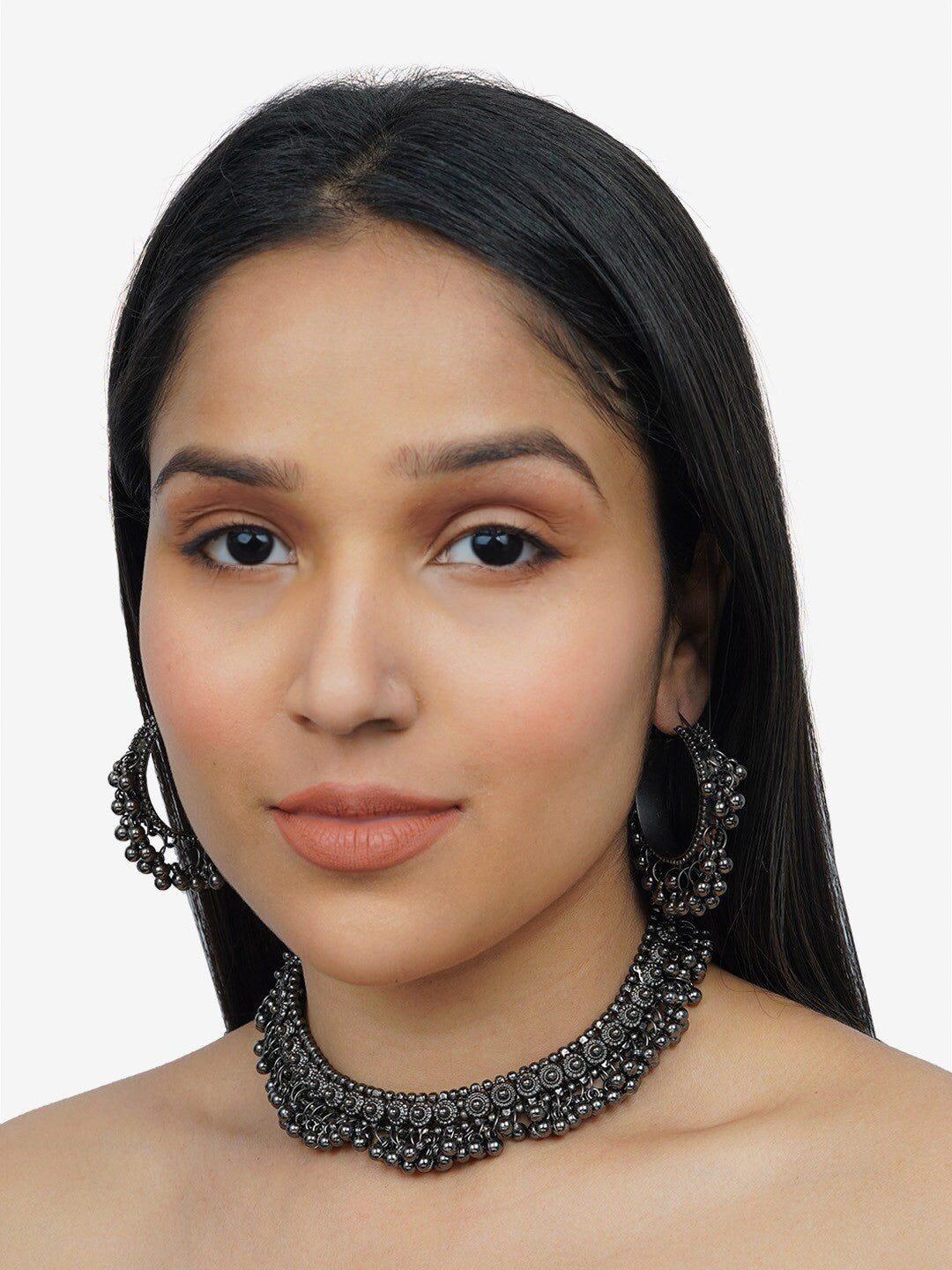 Oxidized Beads Drop Choker Jewellery Set