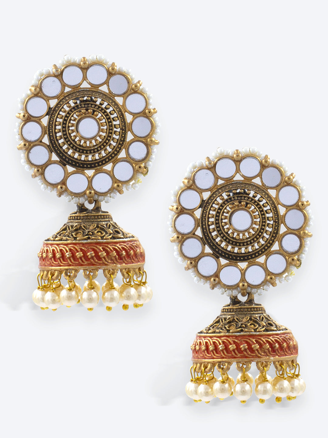 Floral Mirror & Beads Red Meenakari Jhumka Earrings