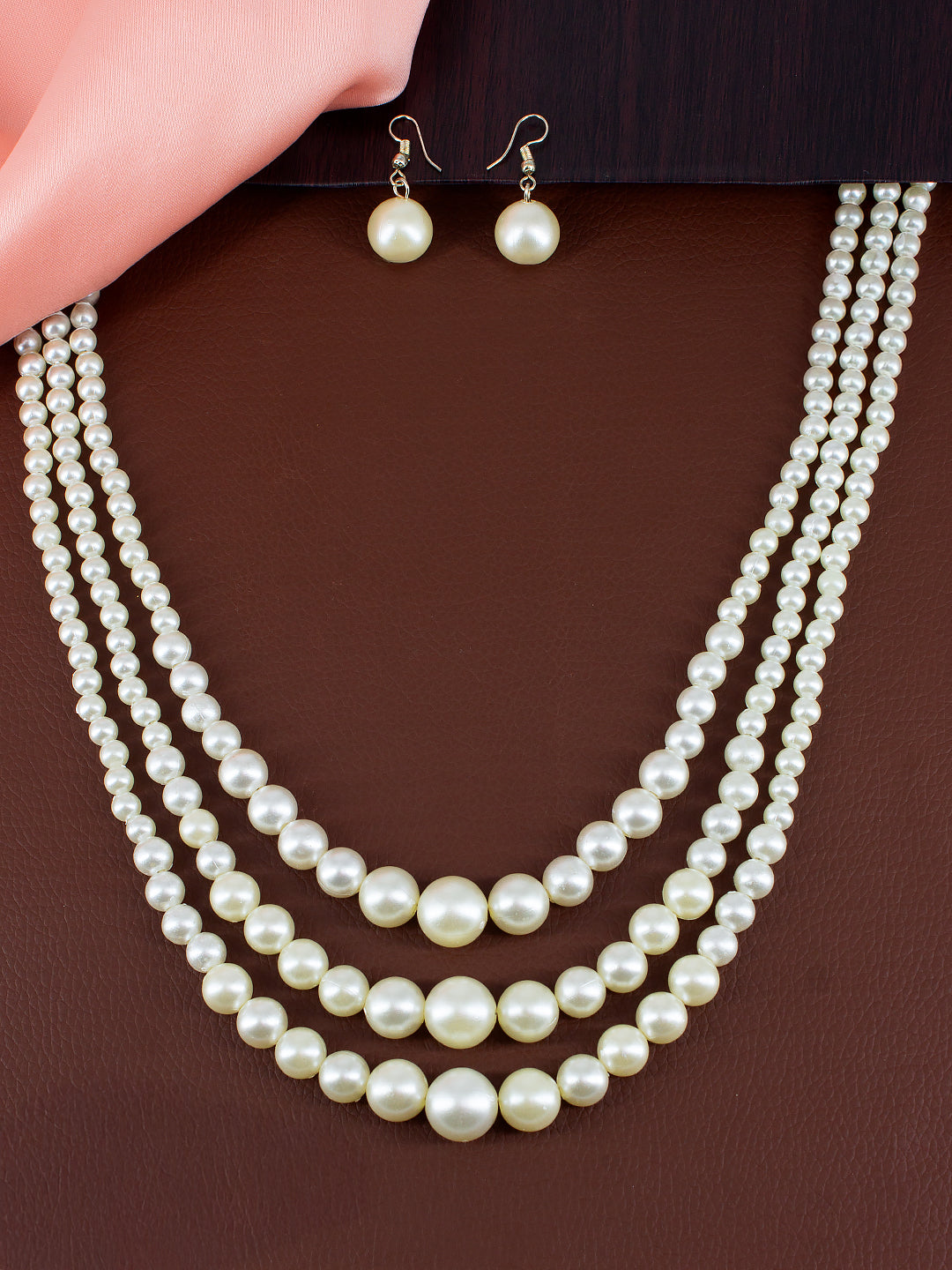 Silver Plated Three Layered Pearl Beaded Trendy Necklace & Earrings Set