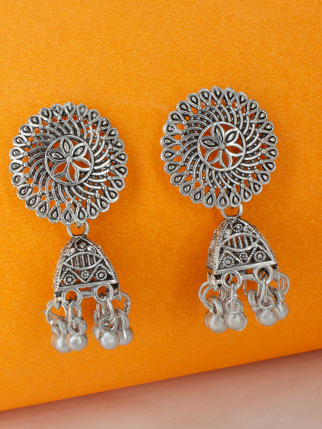Oxidized Floral Jhumka Earrings