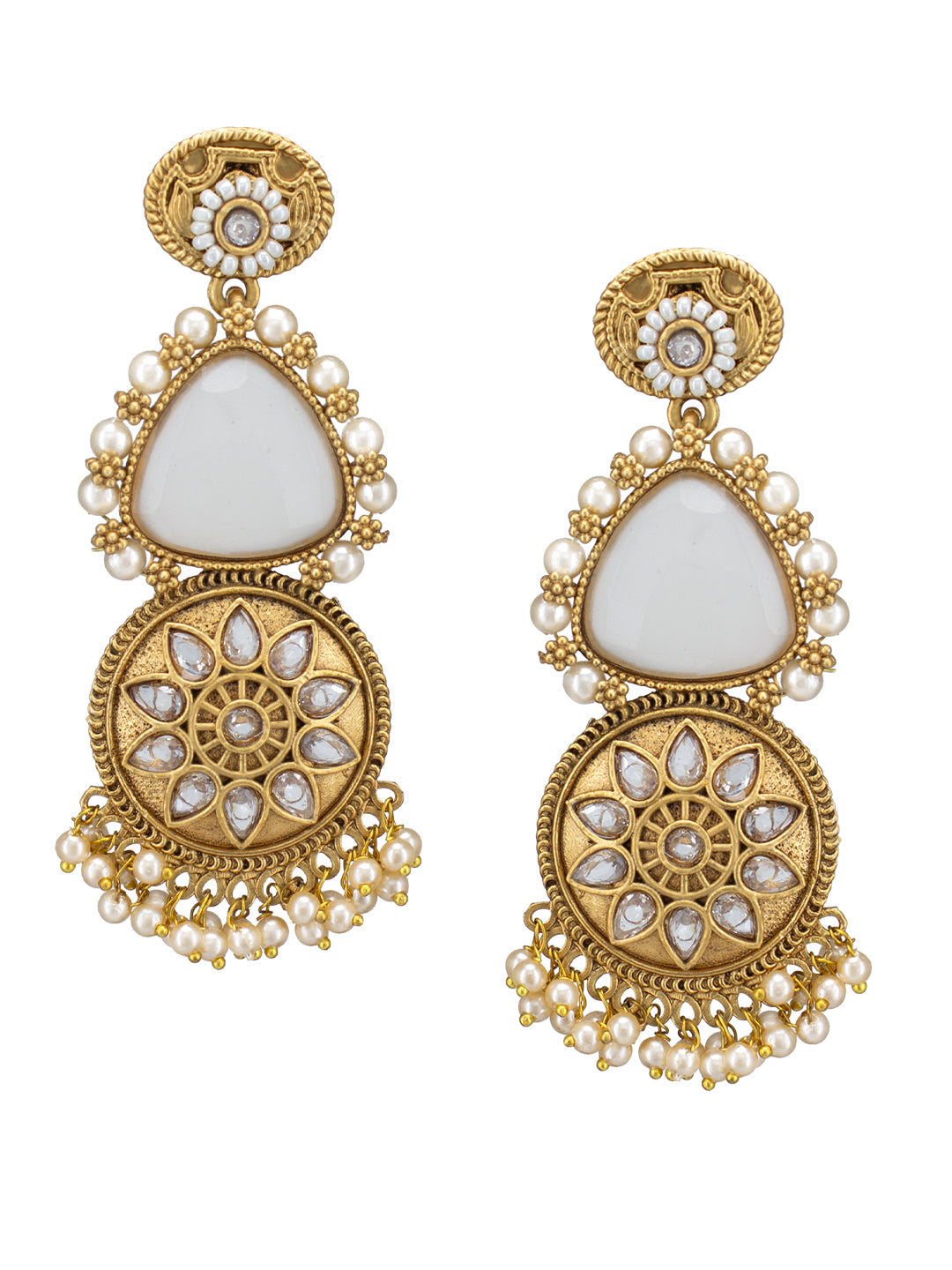 Gold Plated Floral White Kundan & Beaded Drop Earrings