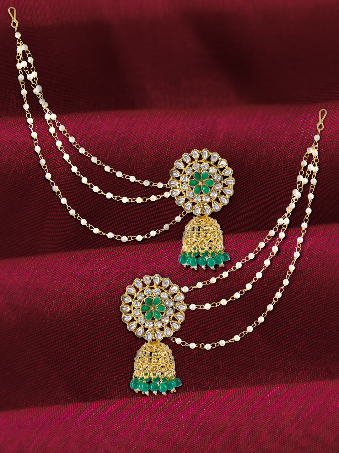 Green Floral Jhumka Earrings With Chain