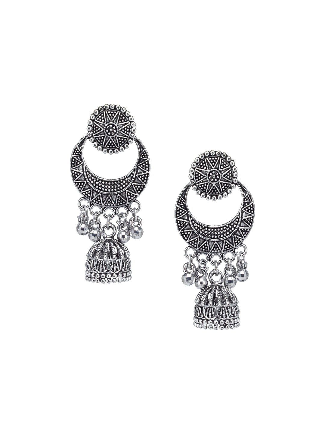 Silver Oxidized Circular Chandbaali Jhumki Earrings