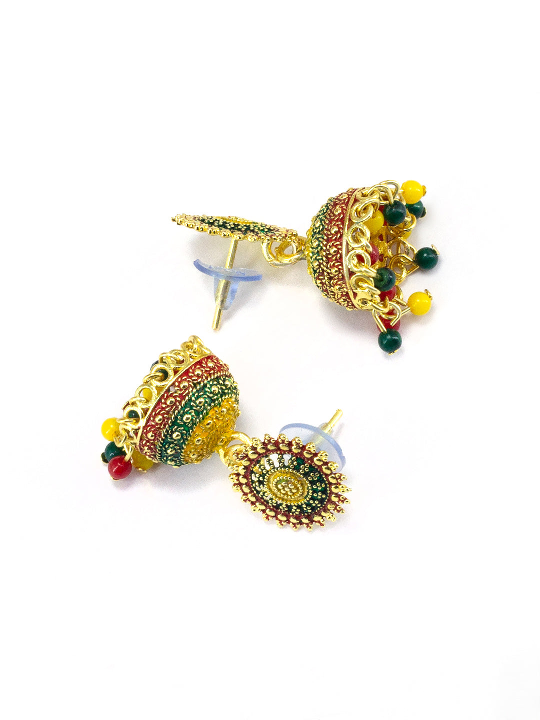 Gold Plated Circular Multi Color Artificial Beaded Jhumki Earrings