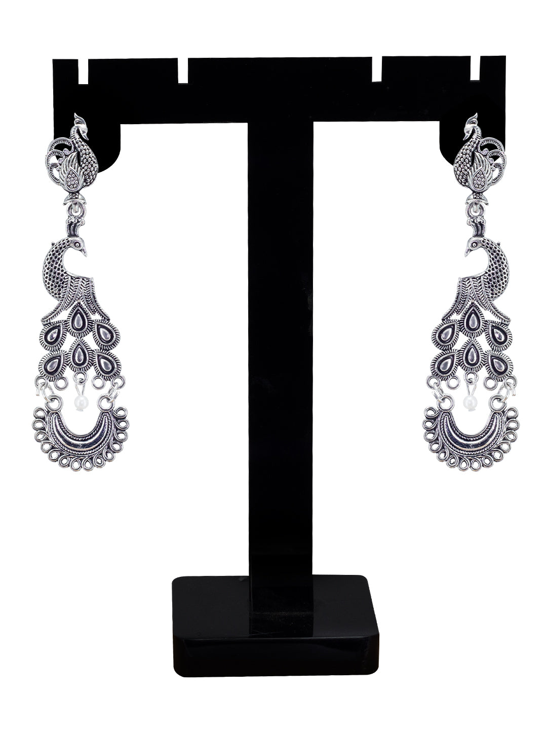 Silver Oxidized Peacock Drop Earrings
