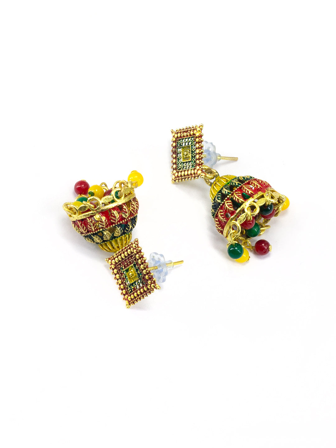Gold Plated Square Multi Color Artificial Beaded Jhumki Earrings