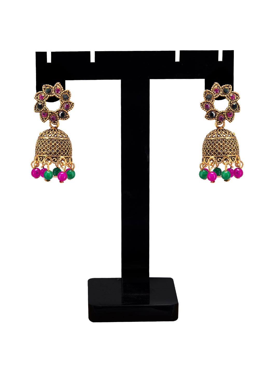 Antique Gold-Plated Floral Artificial Stone & Beaded Jhumki Earrings