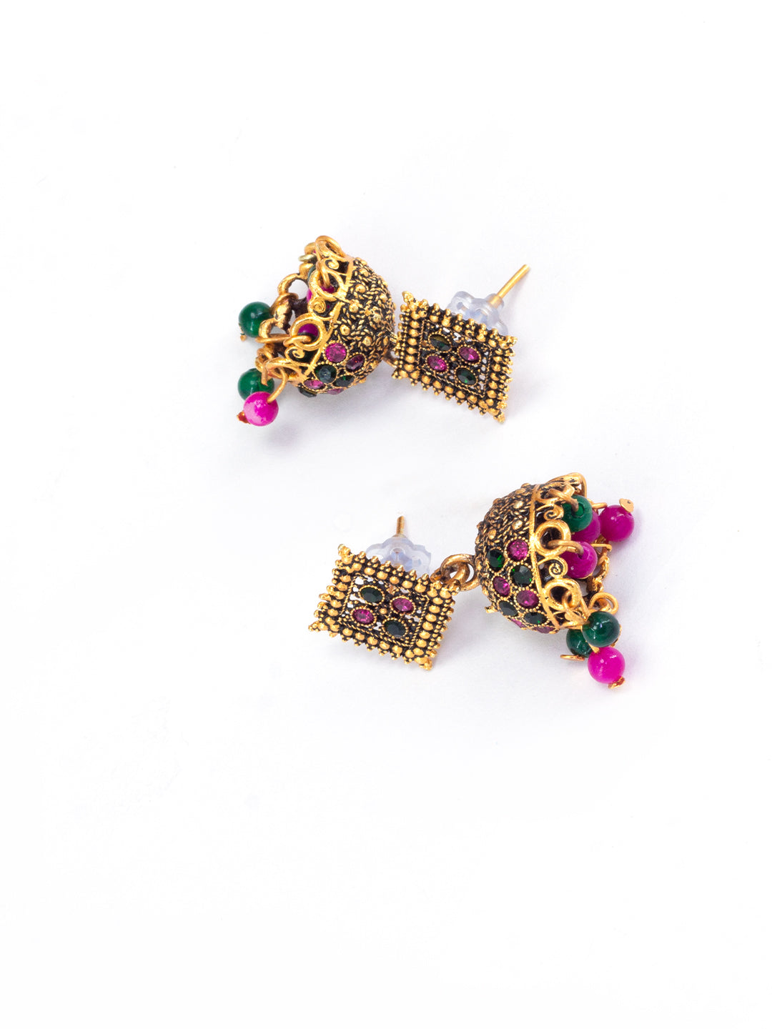 Antique Gold Plated Square Artificial Stone & Beaded Jhumki Earrings