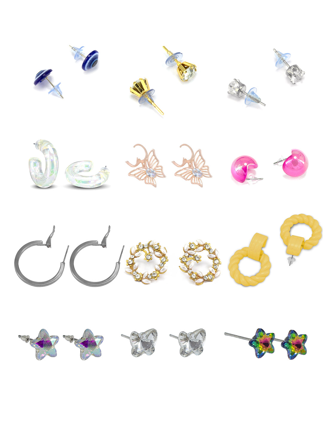 Pack of 12 Multi Colour Drop, Hoop & Studs Earrings