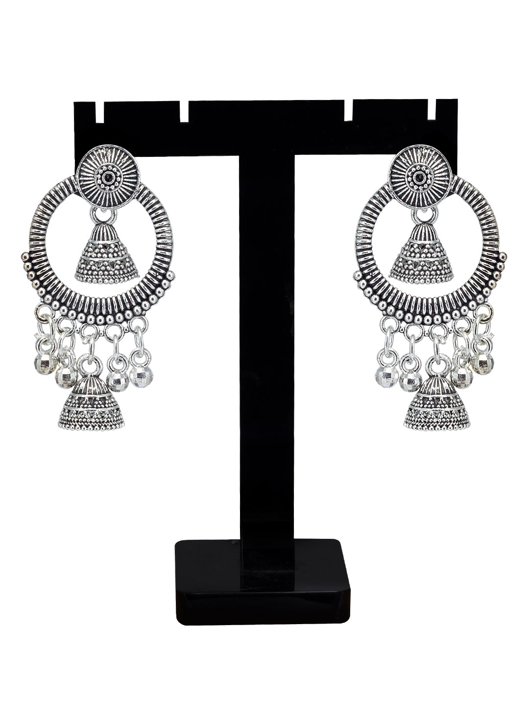 Silver Oxidized Circular Chandbaali Jhumki Drop Earrings