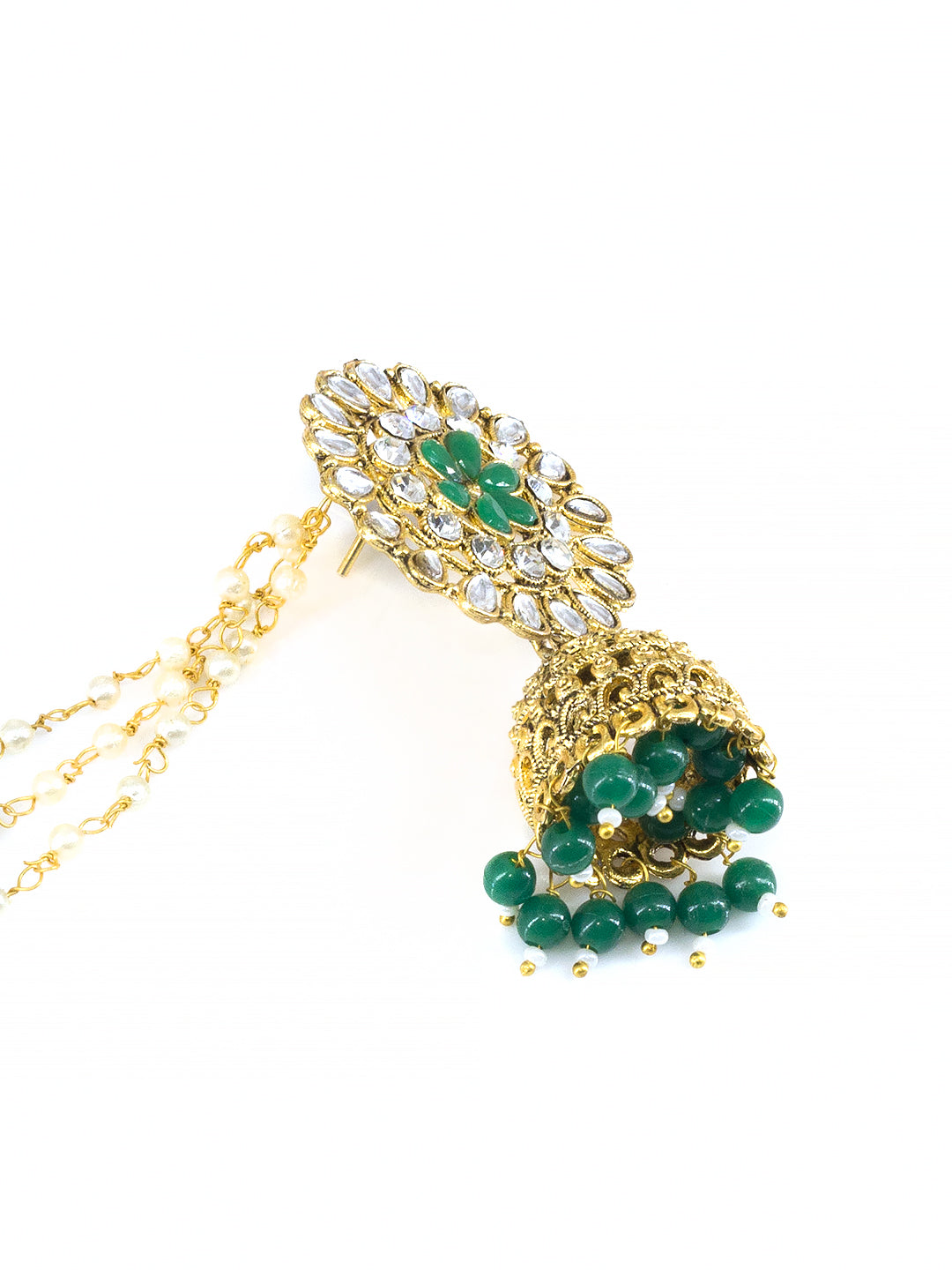 Green Floral Jhumka Earrings With Chain