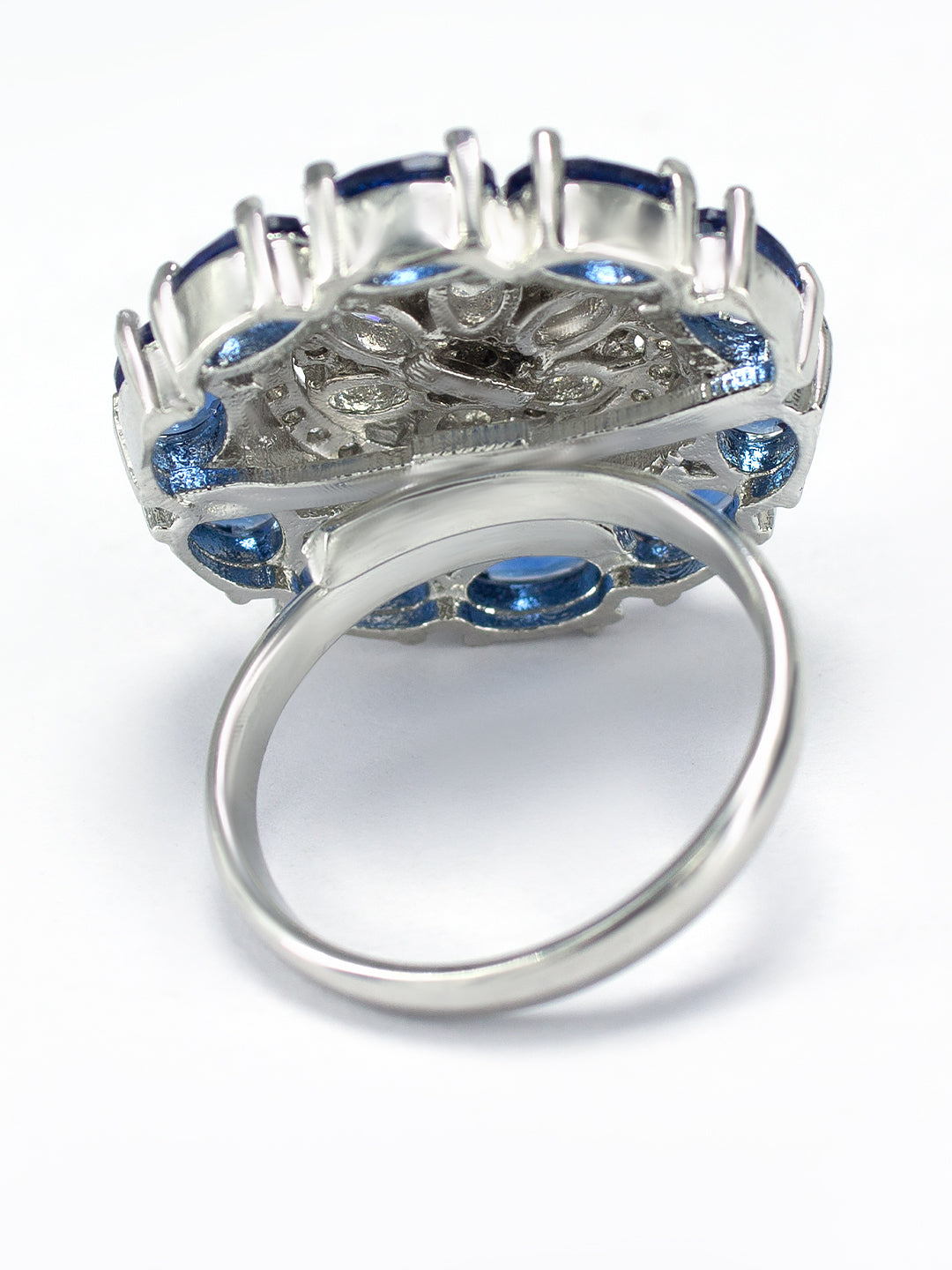 Rhodium-Plated Blue American Diamond Floral Adjustable Cocktail Finger Ring