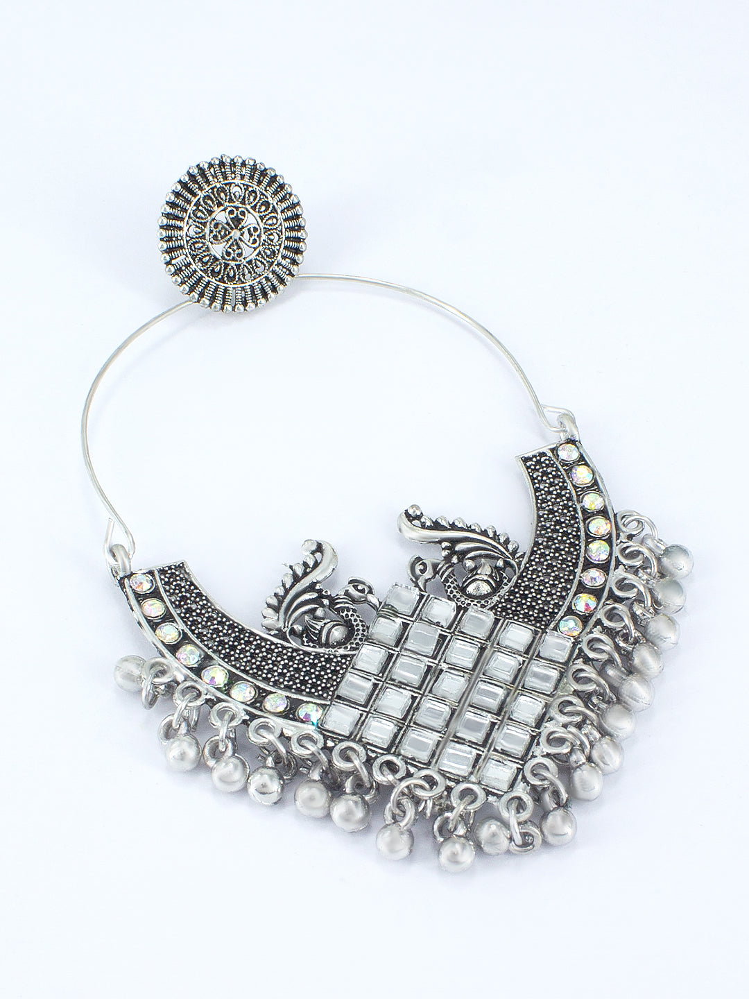 Oxidized Floral Peacock Chandbaali Earrings
