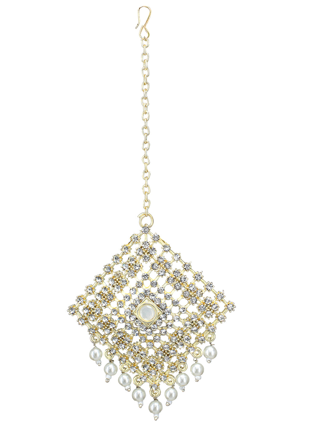 Gold Plated CZ & Beads Studded Earring With Maang Tikka