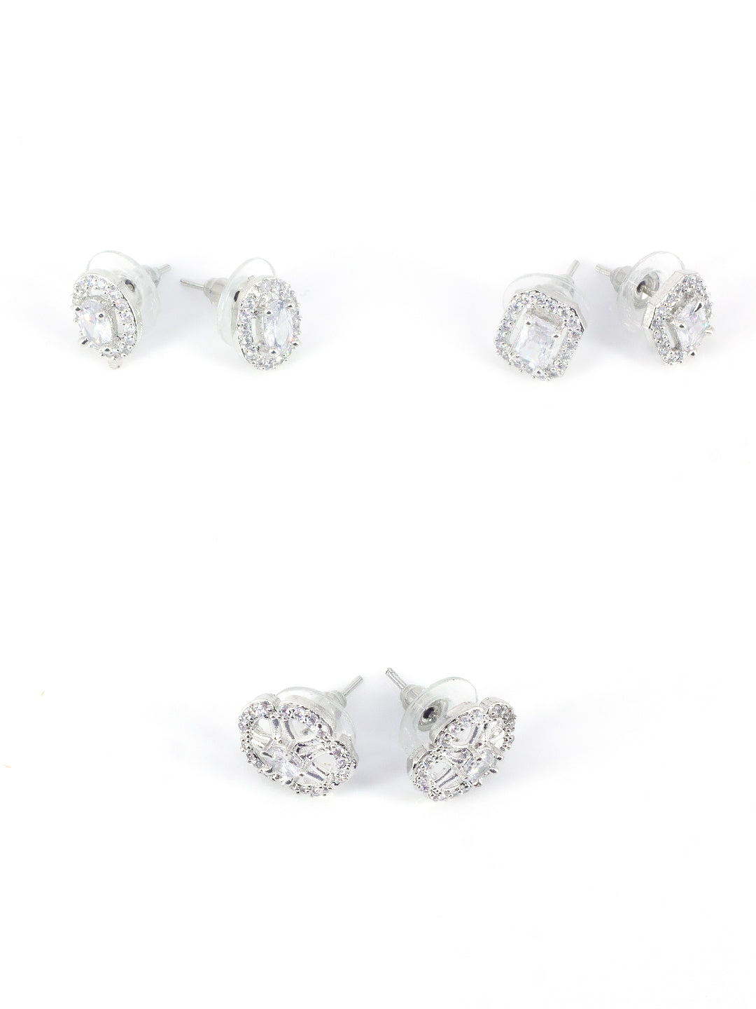 Pack Of 3 Rhodium Plated Geometric American Diamond Earrings