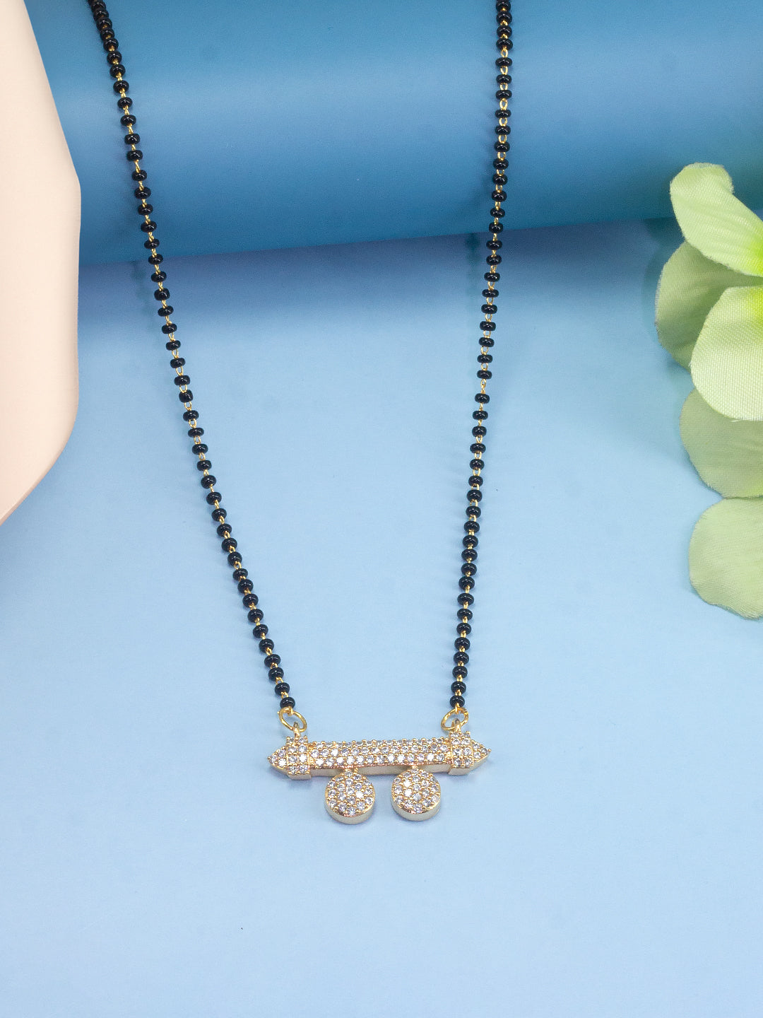 Gold Plated Black Beaded American Diamond Maharashtrian Style