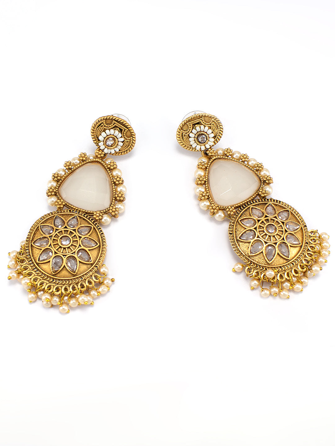 Gold Plated Floral White Kundan & Beaded Drop Earrings